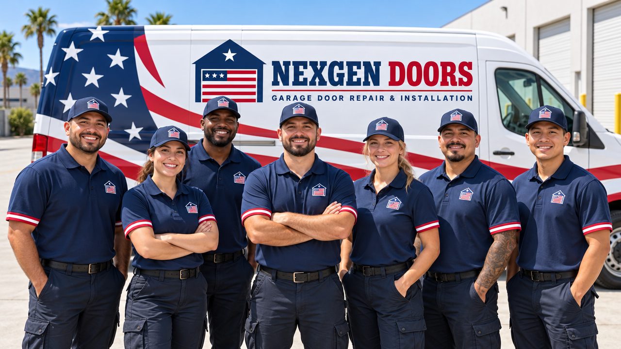 The NexGen Doors team in uniform in front of a NexGen van
