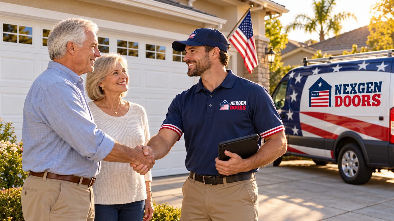 A NexGen Doors technician with happy homeowners