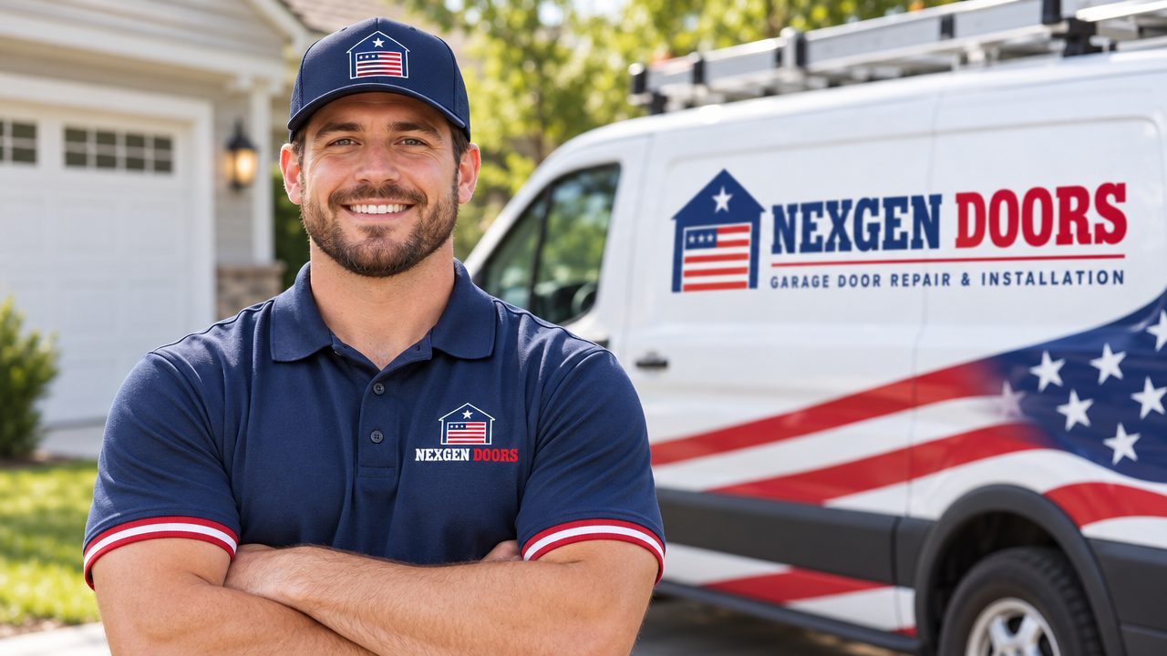 The NexGen Doors team in uniform in front of a NexGen van